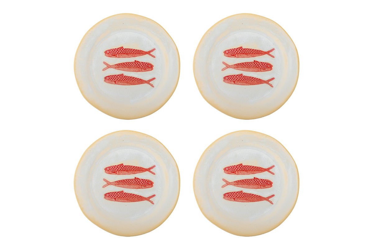 Luxusbetten24 Maris Teller-Set – Steingut mit Fischmotiv, 4er-Set, Rot