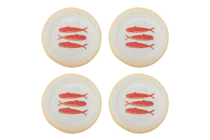 Luxusbetten24 Maris Teller-Set – Steingut mit Fischmotiv, 4er-Set, Rot