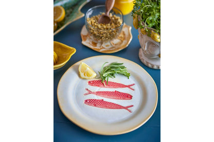 Luxusbetten24 Maris Teller-Set – Steingut mit Fischmotiv, 4er-Set, Rot