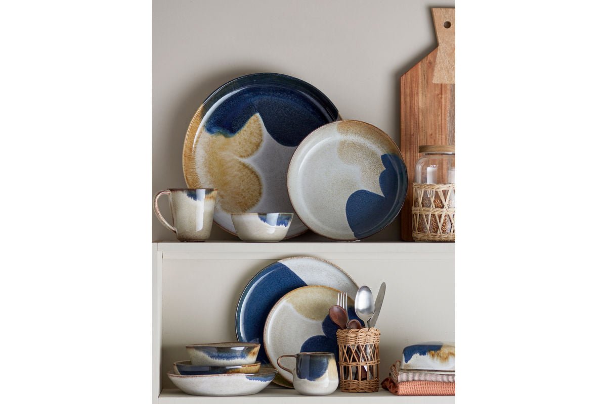 Geschirrset Vivi – Steingut mit reaktiver Glasur in Blau (12‑teilig)