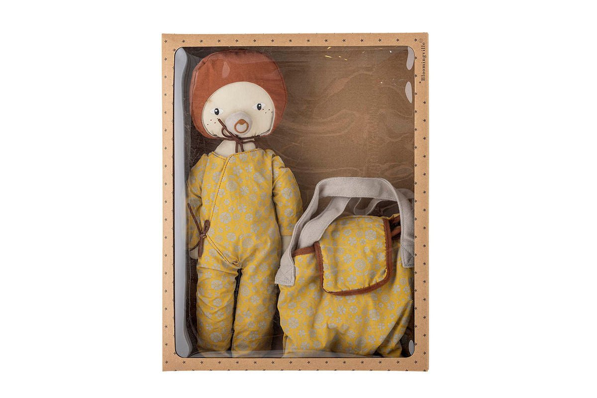 Luxusbetten24 Alin Spielset Wickelzubehör und Kuschelpuppe im Blumenoutfit Braun