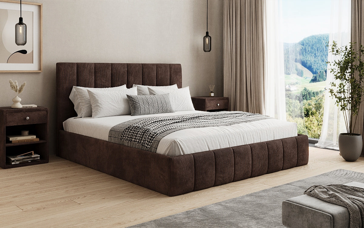 Designer Polsterbett Mila in Cord, 140×200 cm, Beige, 70 cm Kopfteil