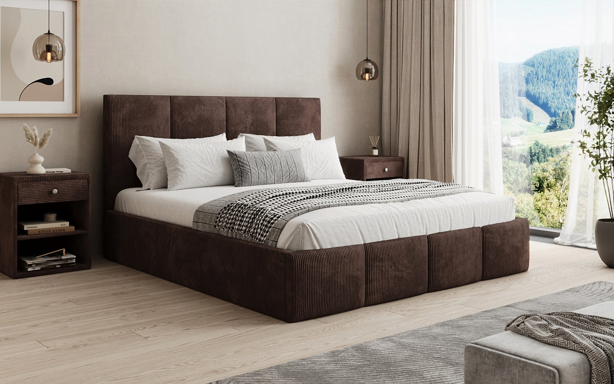 Mina Designer Polsterbett Cord – 140 × 200 cm, wählbare Kopfteilhöhe, Farben