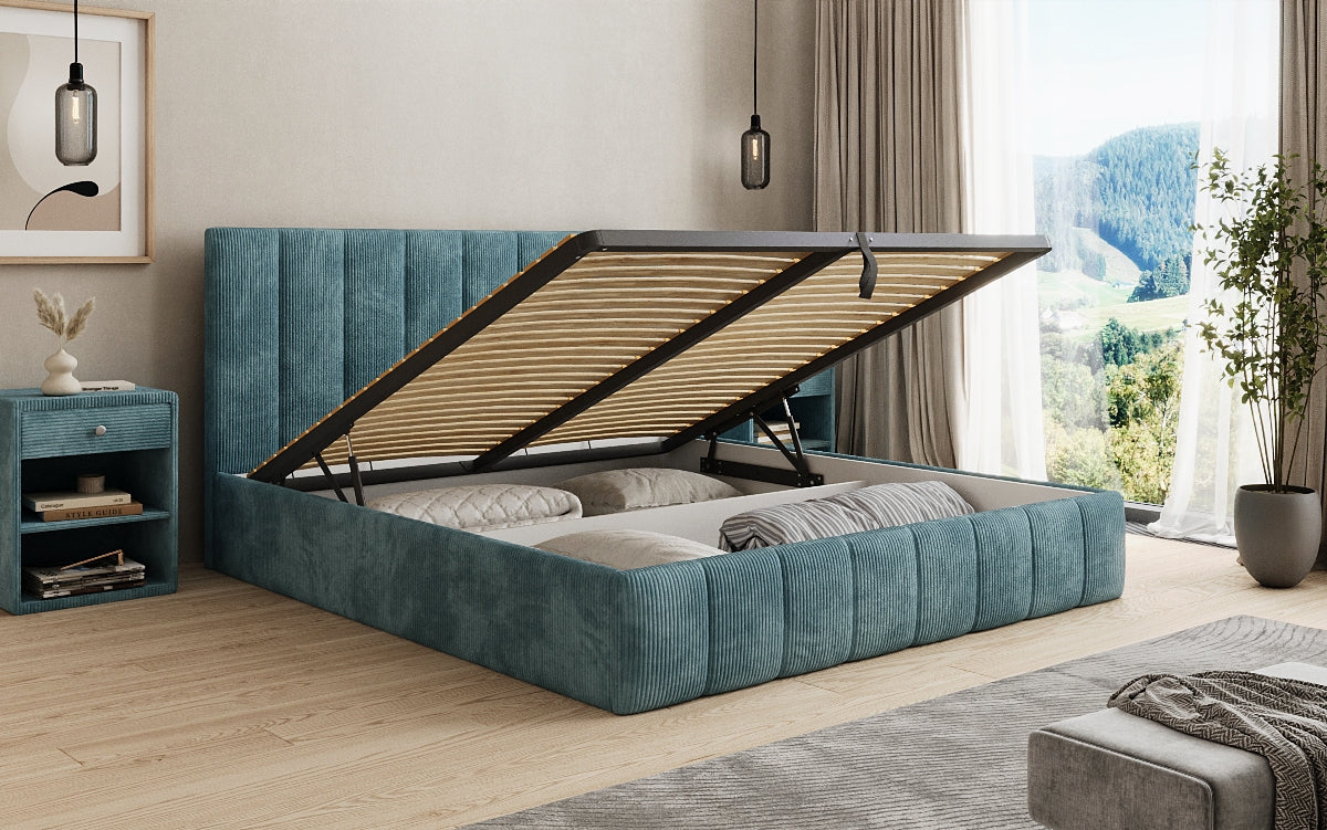 Designer Polsterbett Mila in Cord, 140×200 cm, Beige, 70 cm Kopfteil