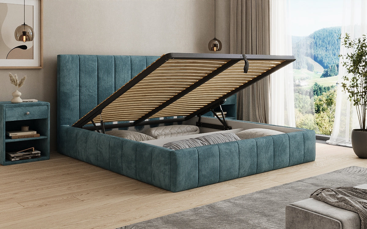 Designer Polsterbett Maja in Cord mit Stauraum