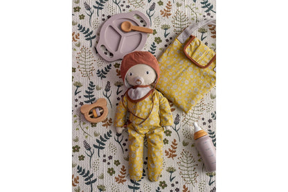 Luxusbetten24 Alin Spielset Wickelzubehör und Kuschelpuppe im Blumenoutfit Braun