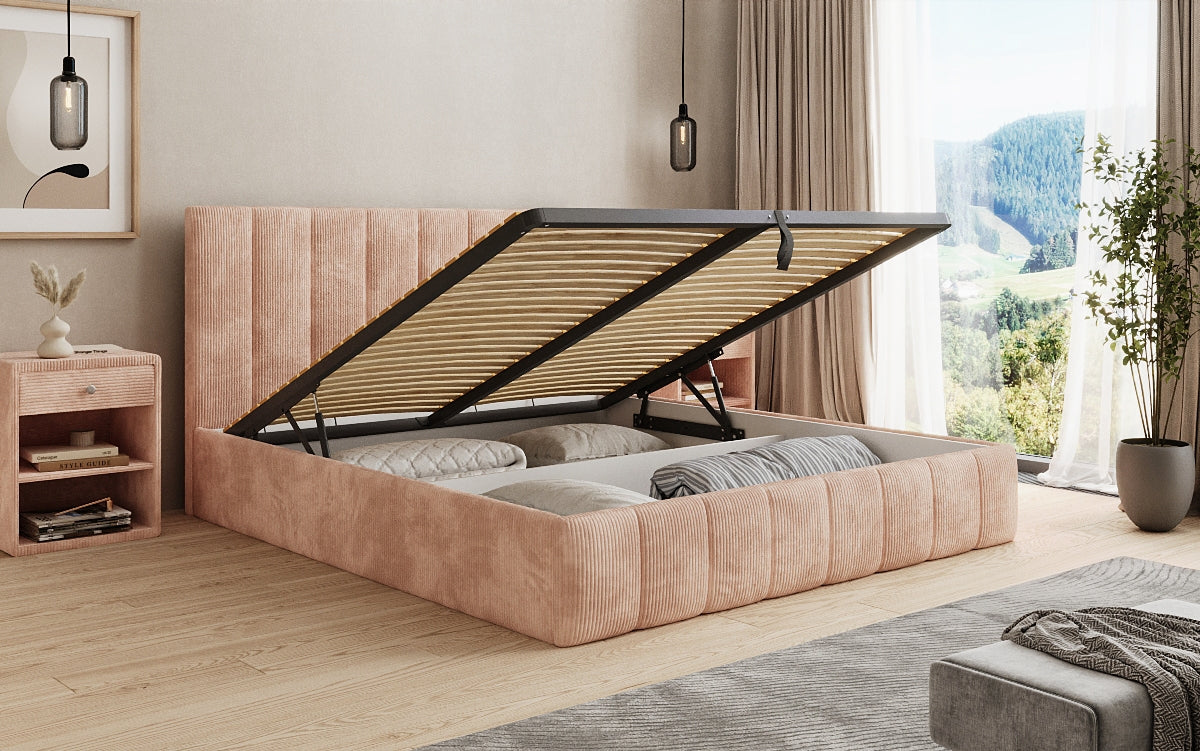 Designer Polsterbett Mila in Cord, 140×200 cm, Beige, 70 cm Kopfteil