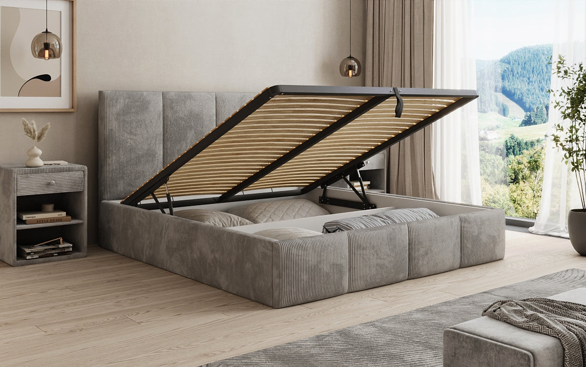 Mina Designer Polsterbett Cord – 140 × 200 cm, wählbare Kopfteilhöhe, Farben
