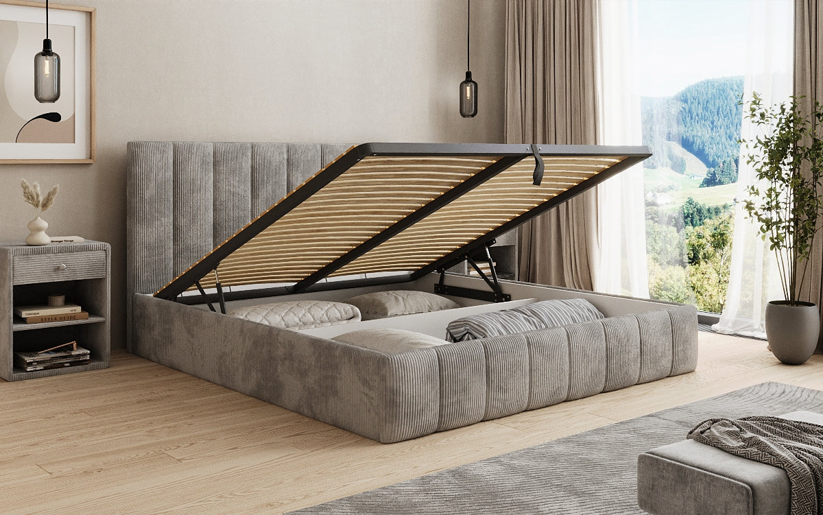 Designer Polsterbett Mila in Cord, 140×200 cm, Beige, 70 cm Kopfteil