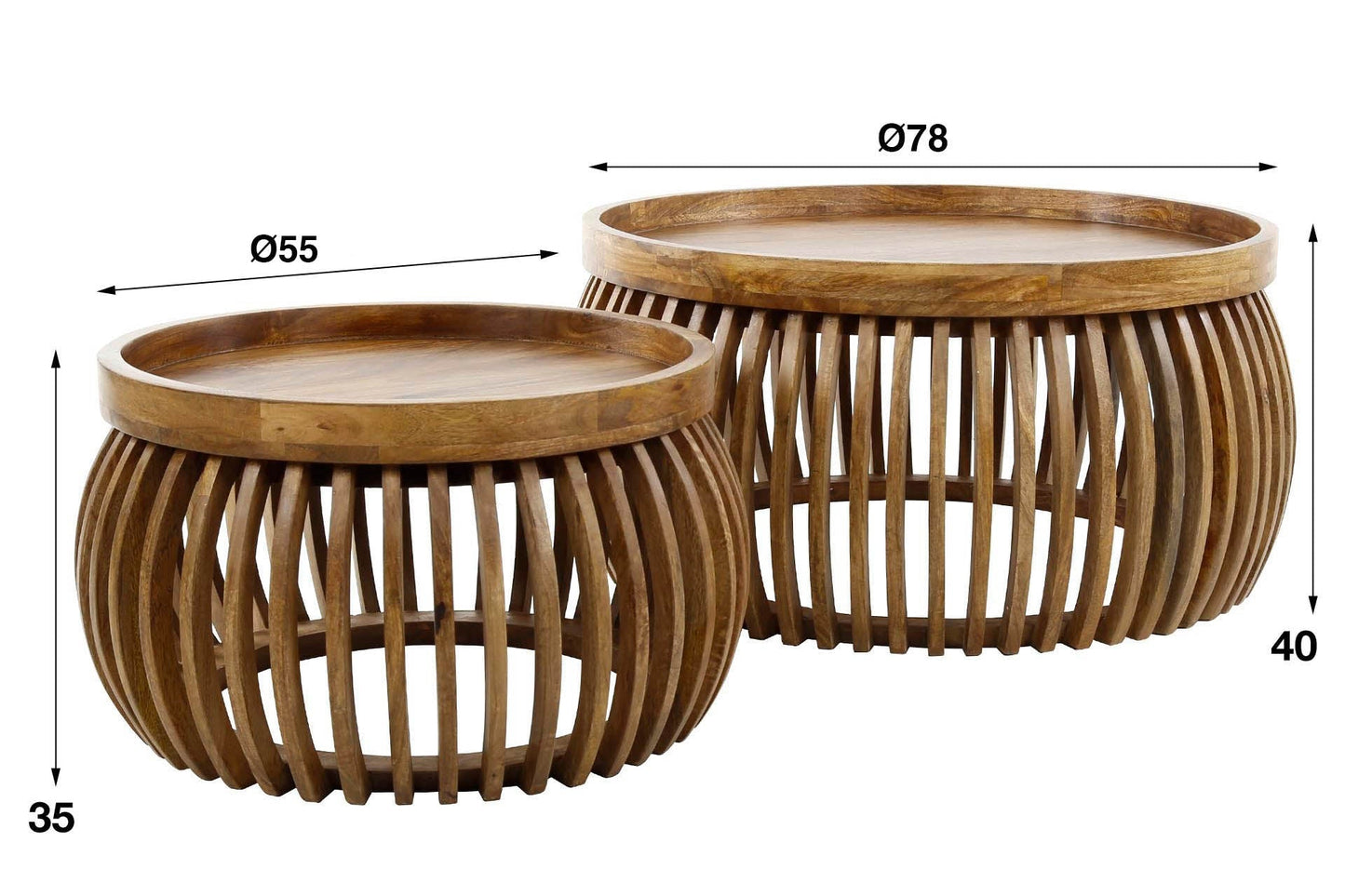Khamar Couchtisch Set aus Mangoholz mit bauchigem Sockel, sandfarben