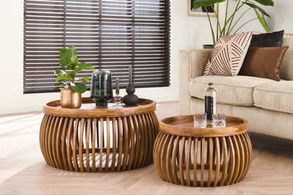 Khamar Couchtisch Set aus Mangoholz mit bauchigem Sockel, sandfarben