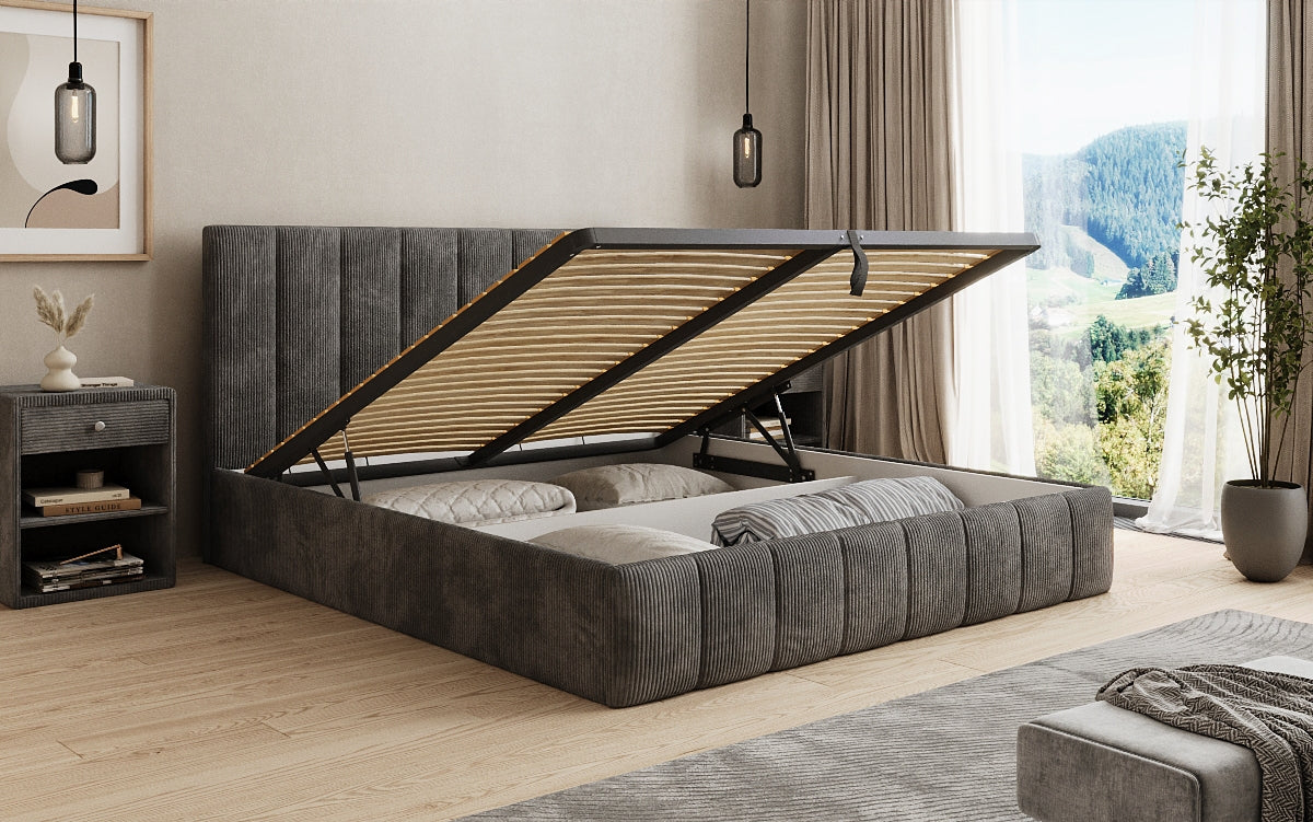 Designer Polsterbett Mila in Cord, 140×200 cm, Beige, 70 cm Kopfteil