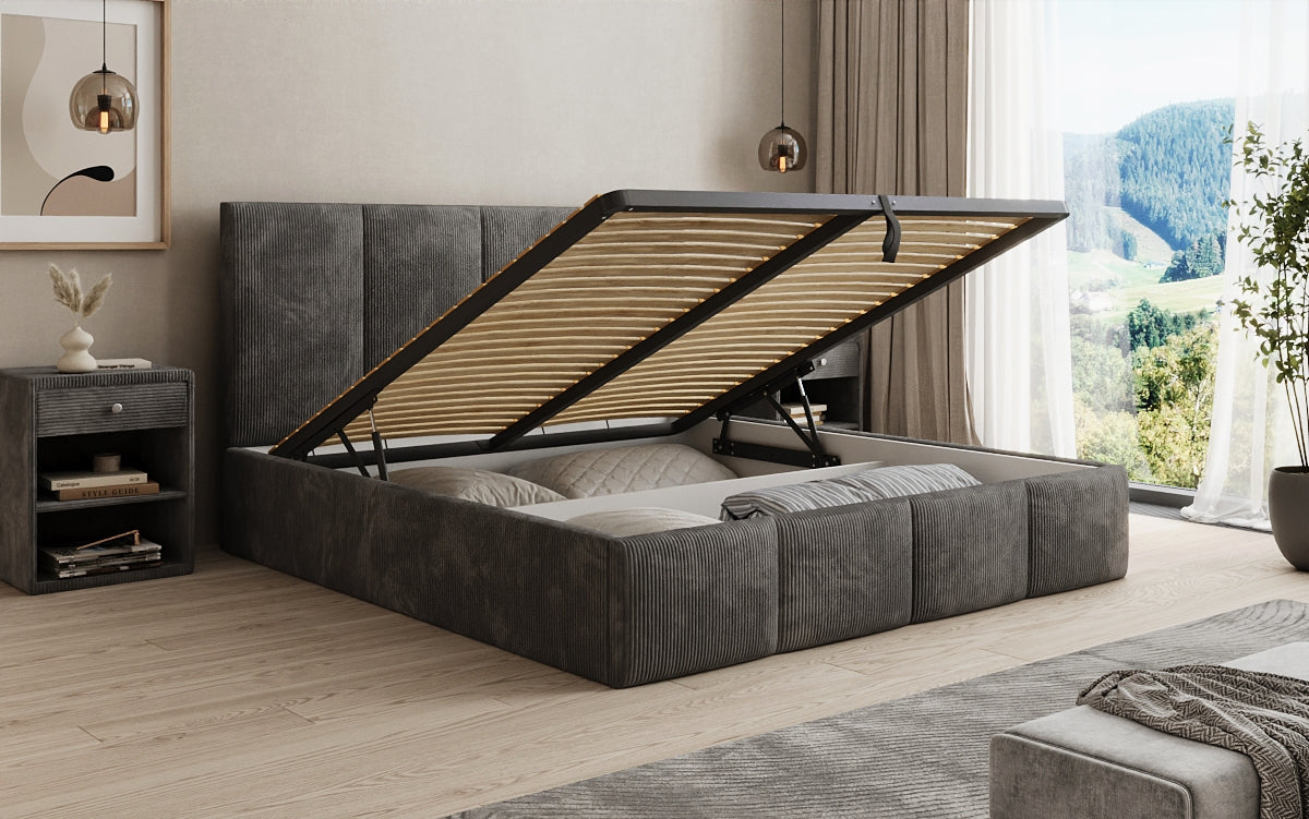 Mina Designer Polsterbett Cord – 140 × 200 cm, wählbare Kopfteilhöhe, Farben