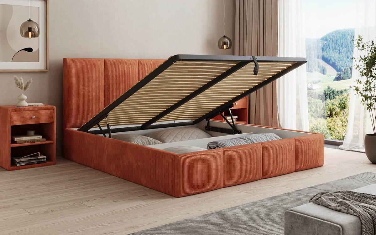 Mina Designer Polsterbett Cord – 140 × 200 cm, wählbare Kopfteilhöhe, Farben