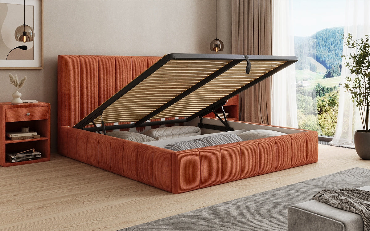 Designer Polsterbett Maja in Cord mit Stauraum