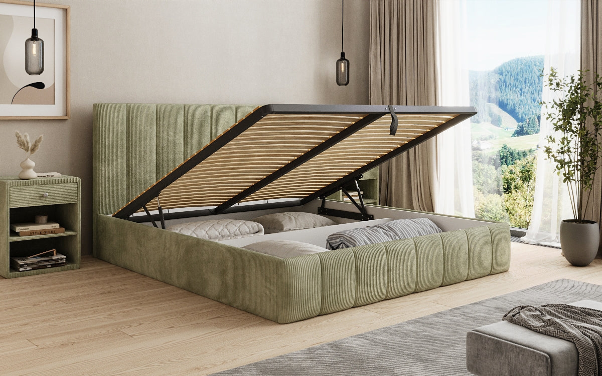 Designer Polsterbett Mila in Cord, 140×200 cm, Beige, 70 cm Kopfteil