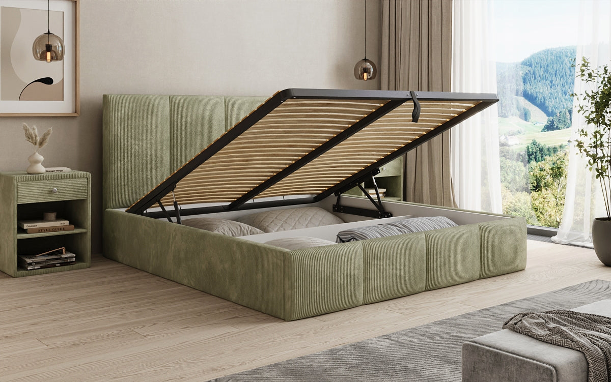 Mina Designer Polsterbett Cord – 140 × 200 cm, wählbare Kopfteilhöhe, Farben