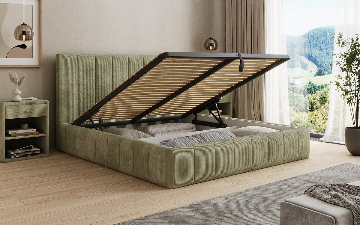 Designer Polsterbett Maja in Cord mit Stauraum