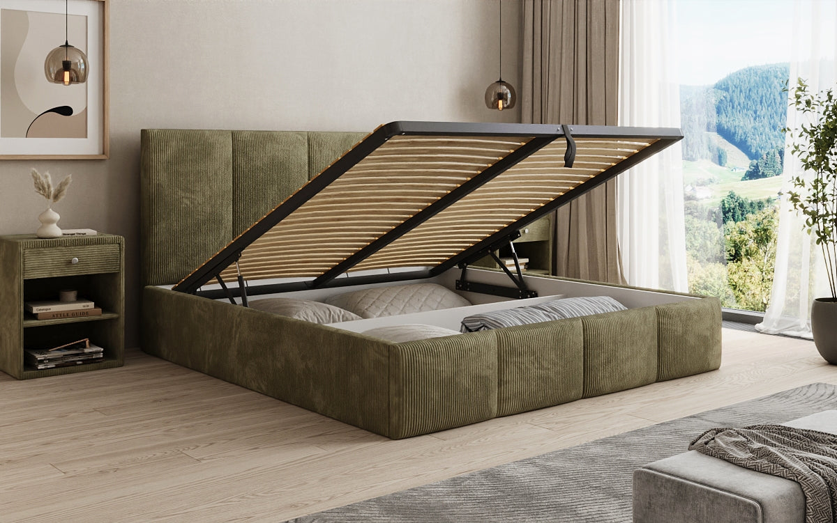 Mina Designer Polsterbett Cord – 140 × 200 cm, wählbare Kopfteilhöhe, Farben