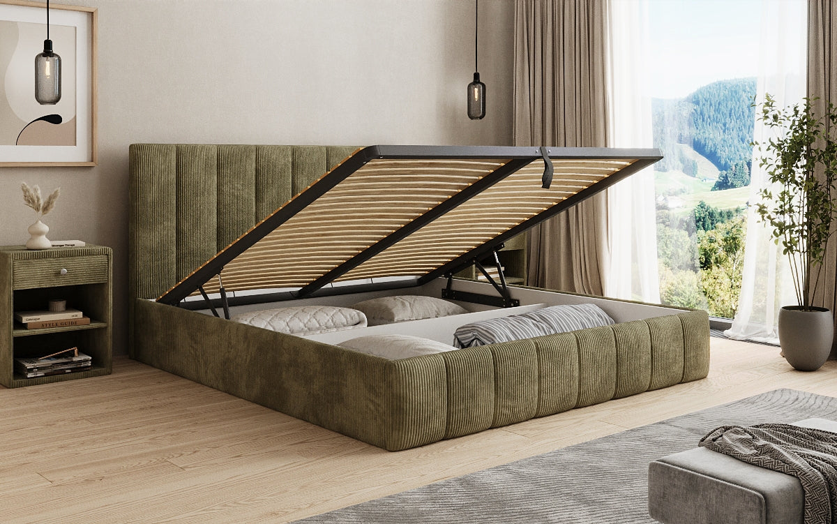 Designer Polsterbett Mila in Cord, 140×200 cm, Beige, 70 cm Kopfteil