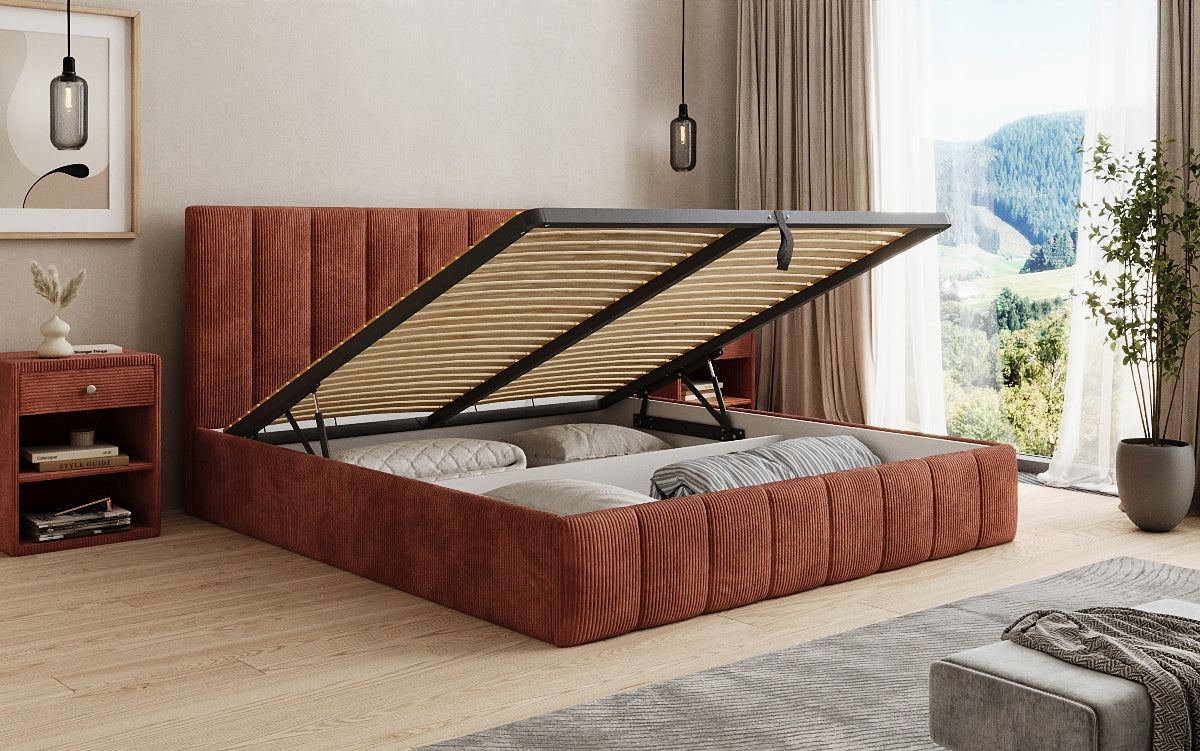 Designer Polsterbett Mila in Cord, 140×200 cm, Beige, 70 cm Kopfteil
