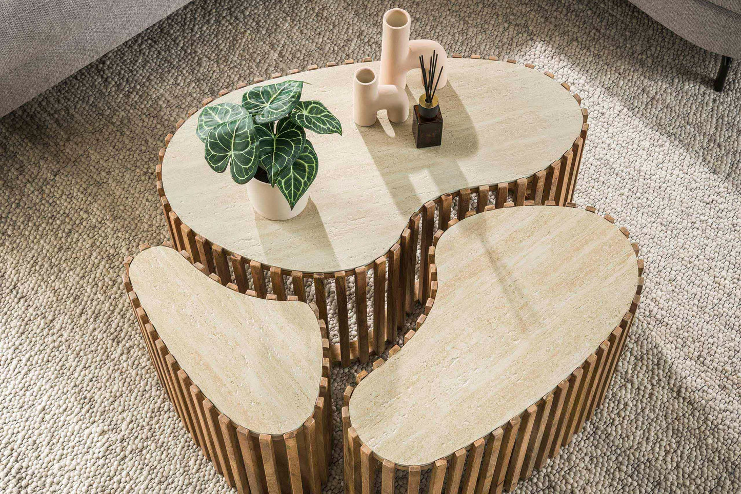 Savara Couchtisch 3er Set aus Mangoholz mit Keramik