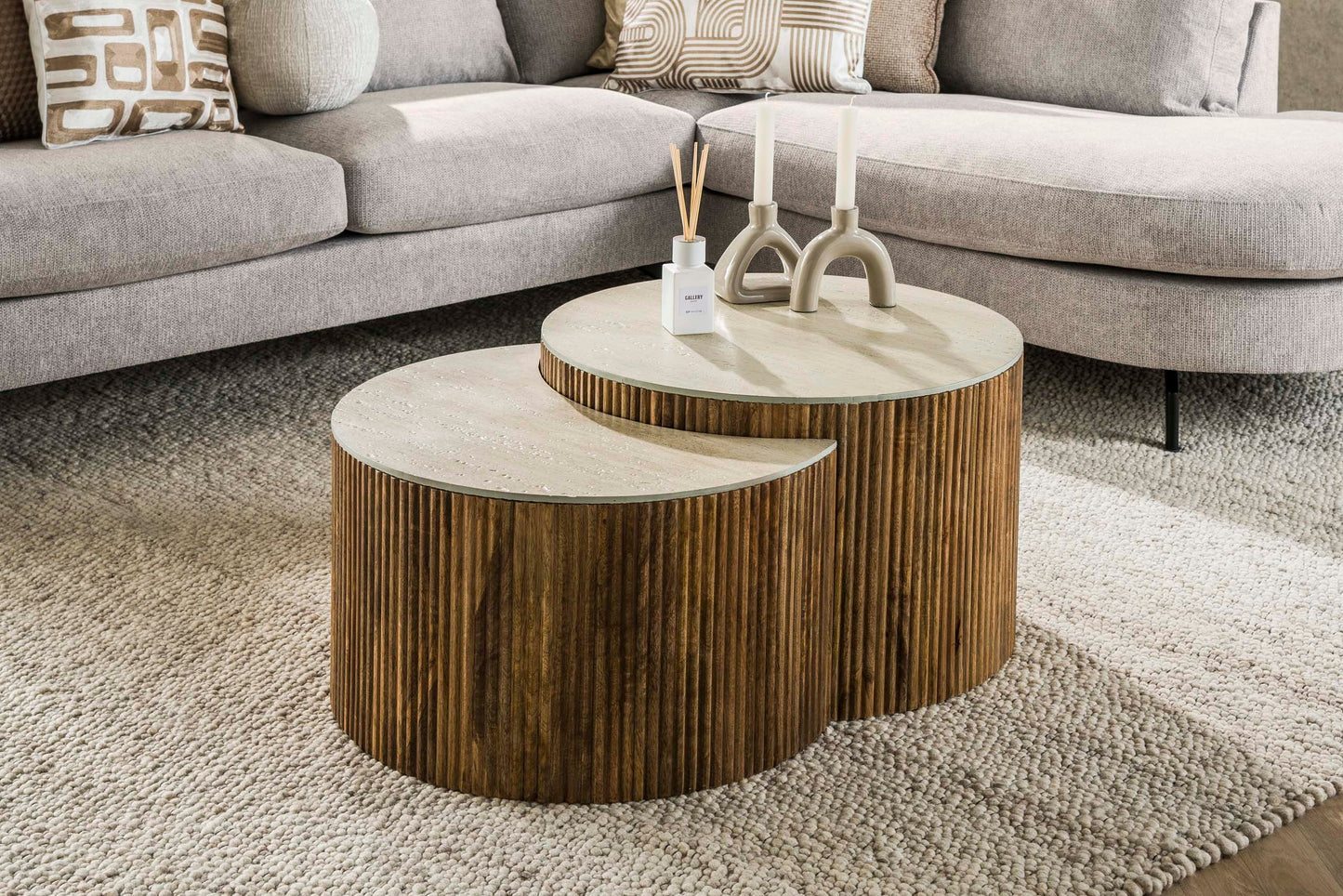 Luxusbetten24 Oruva Couchtisch Mangoholz & Keramik 2er Set Natur
