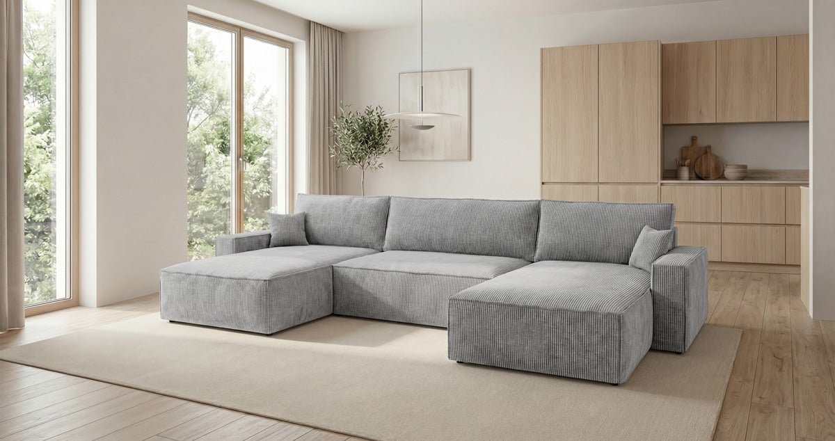 Luxusbetten24 Designer Sofa Vienna U Cord mit Schlaffunktion und Stauraum