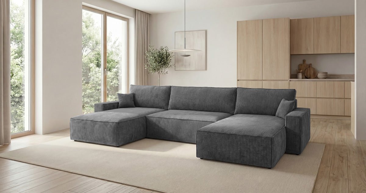 Luxusbetten24 Designer Sofa Vienna U Cord mit Schlaffunktion und Stauraum