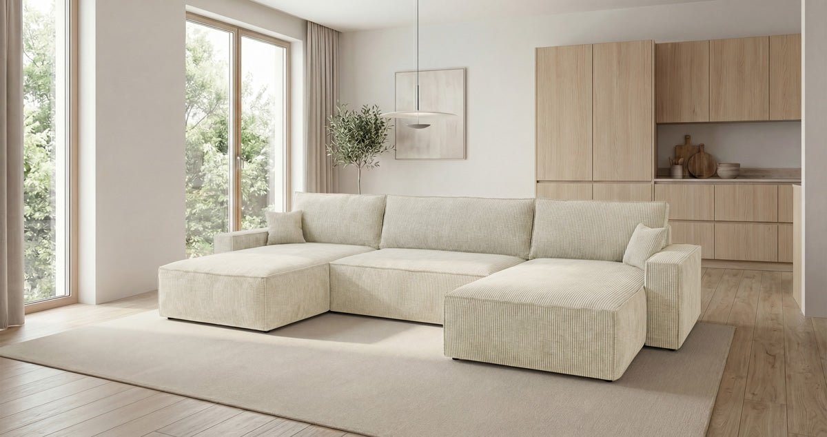 Luxusbetten24 Designer Sofa Vienna U Cord mit Schlaffunktion und Stauraum