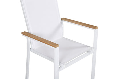 2er Set Gartenstuhl Lua – Weißes Aluminium, Textilene Sitzfläche, Teakholz Details