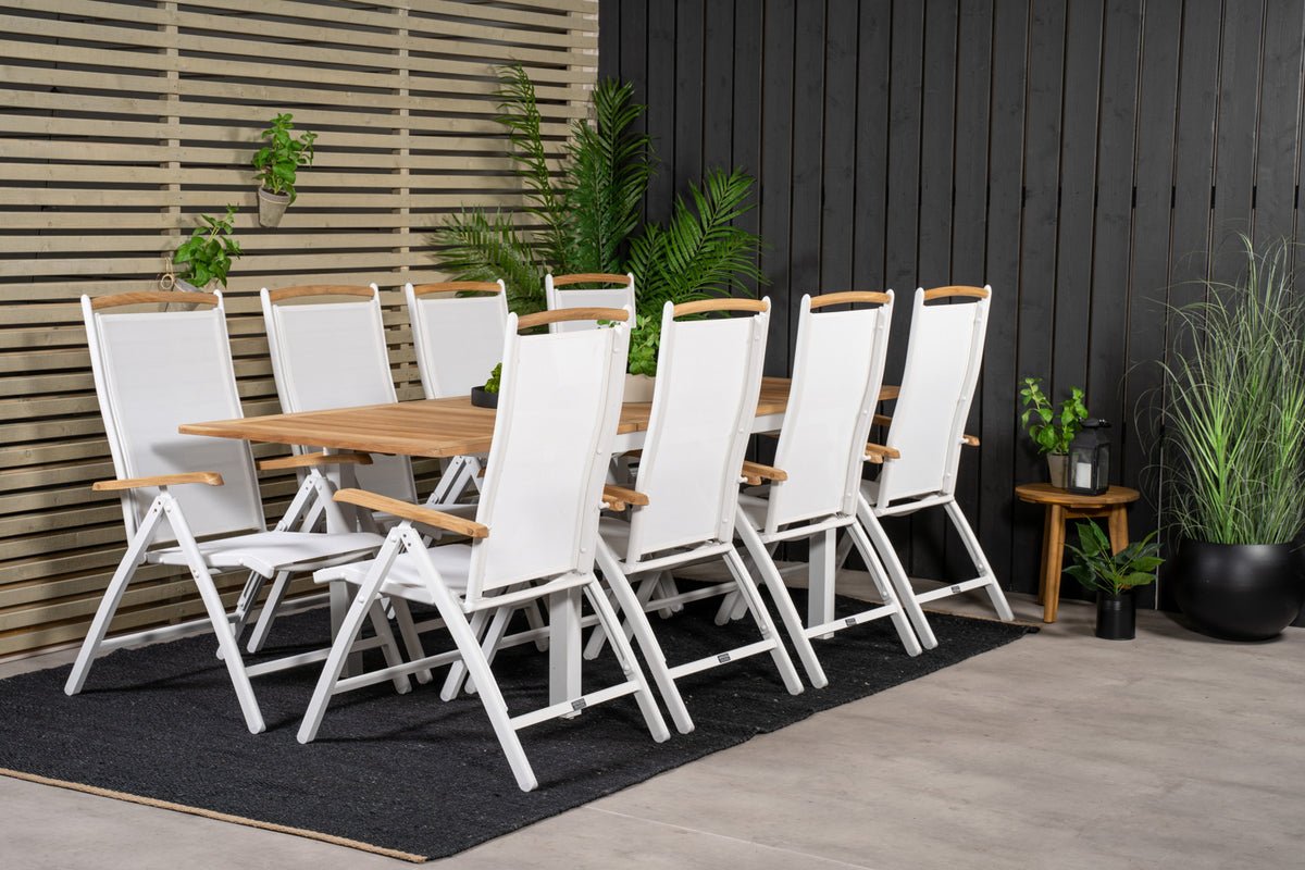 Polis Gartenstuhl Set, Weiß, Klappstuhl mit Aluminiumgestell und Teakholz-Armlehnen