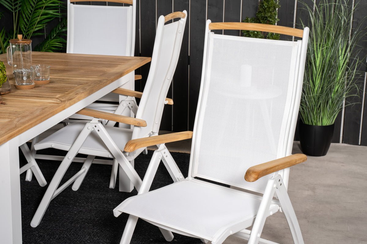 Polis Gartenstuhl Set, Weiß, Klappstuhl mit Aluminiumgestell und Teakholz-Armlehnen