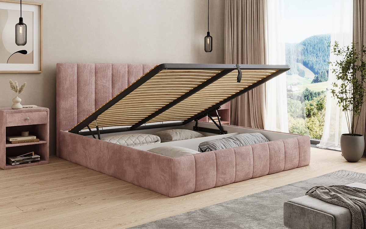 Designer Polsterbett Mila in Cord, 140×200 cm, Beige, 70 cm Kopfteil