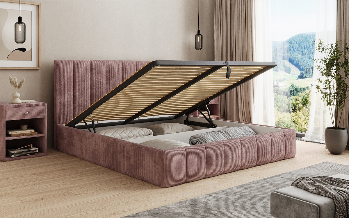 Designer Polsterbett Mila in Cord, 140×200 cm, Beige, 70 cm Kopfteil
