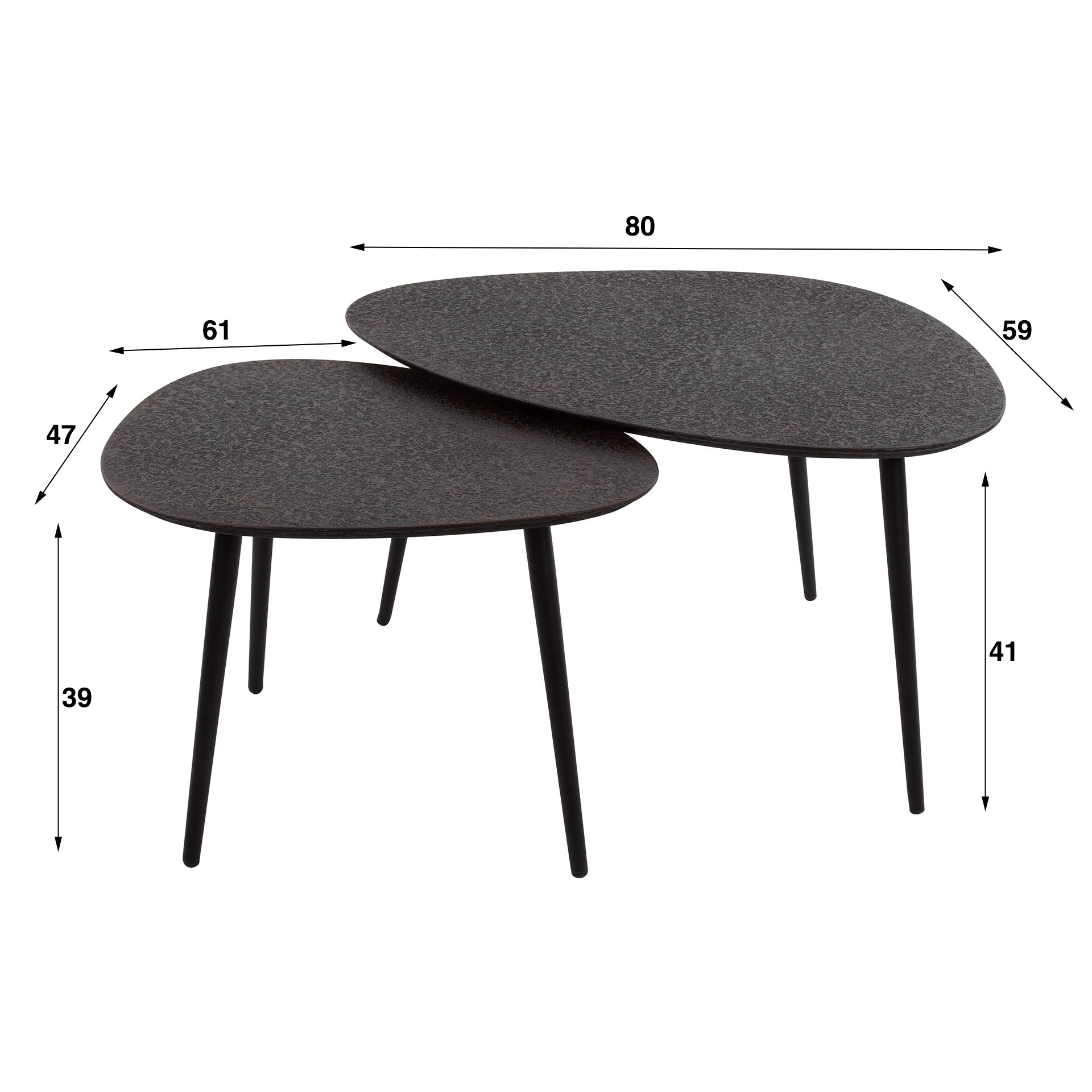 Couchtisch Zolara – 2er Set in Dreieck‑Form in Metallic‑Schwarz