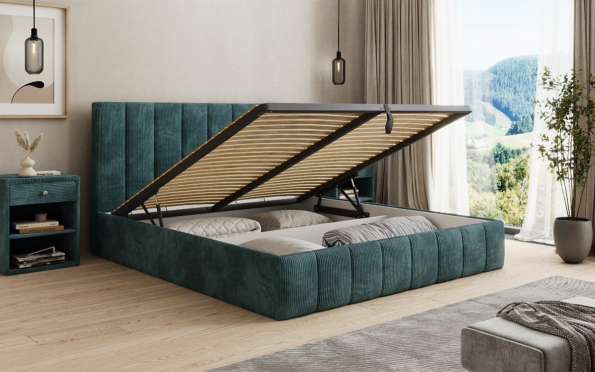 Designer Polsterbett Mila in Cord, 140×200 cm, Beige, 70 cm Kopfteil