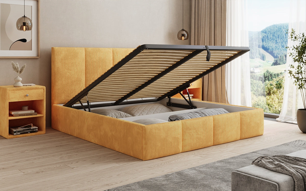 Mina Designer Polsterbett Cord – 140 × 200 cm, wählbare Kopfteilhöhe, Farben