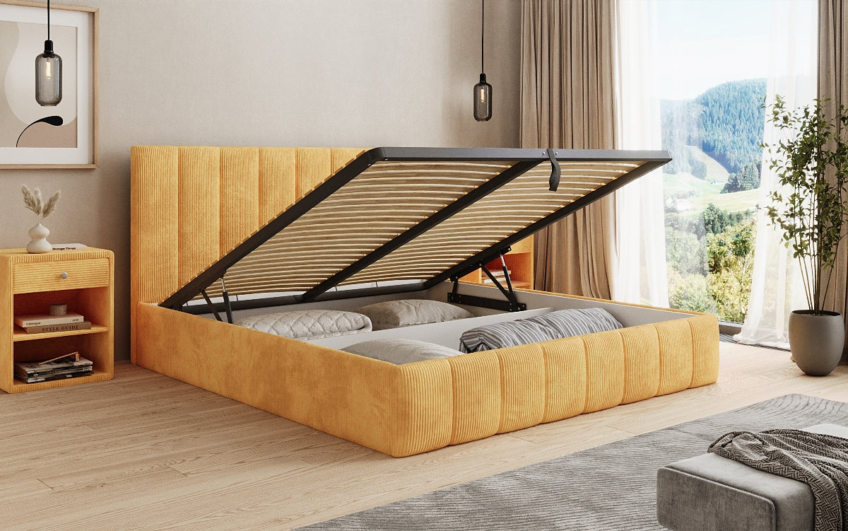 Designer Polsterbett Mila in Cord, 140×200 cm, Beige, 70 cm Kopfteil