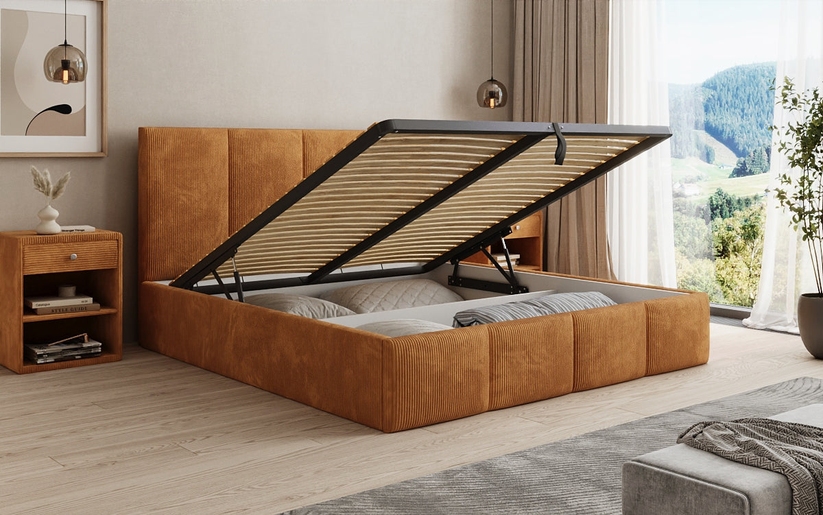 Mina Designer Polsterbett Cord – 140 × 200 cm, wählbare Kopfteilhöhe, Farben