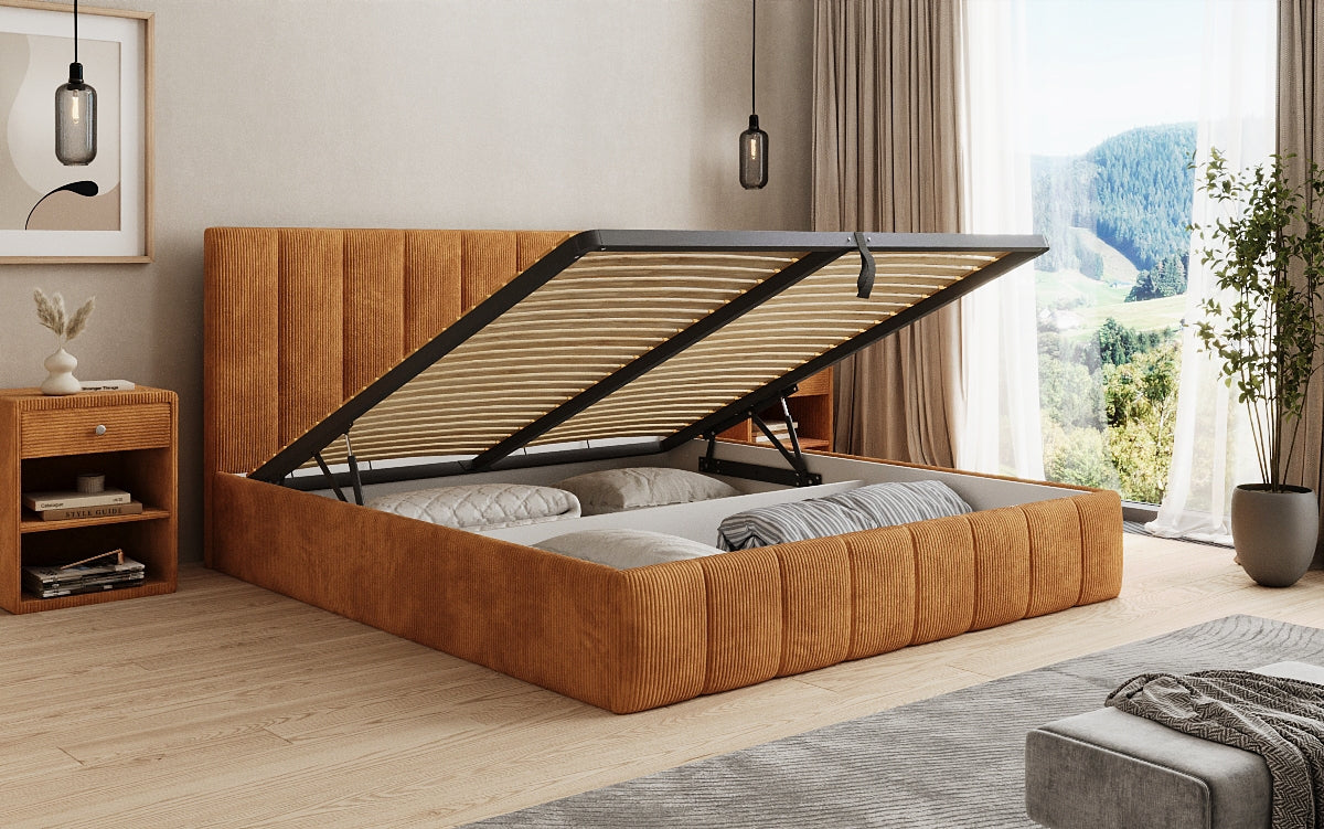 Designer Polsterbett Mila in Cord, 140×200 cm, Beige, 70 cm Kopfteil