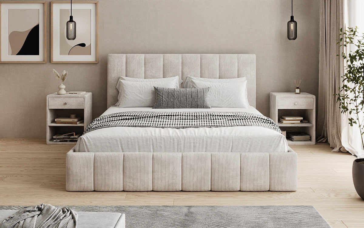 Designer Polsterbett Mila in Cord, 140×200 cm, Beige, 70 cm Kopfteil