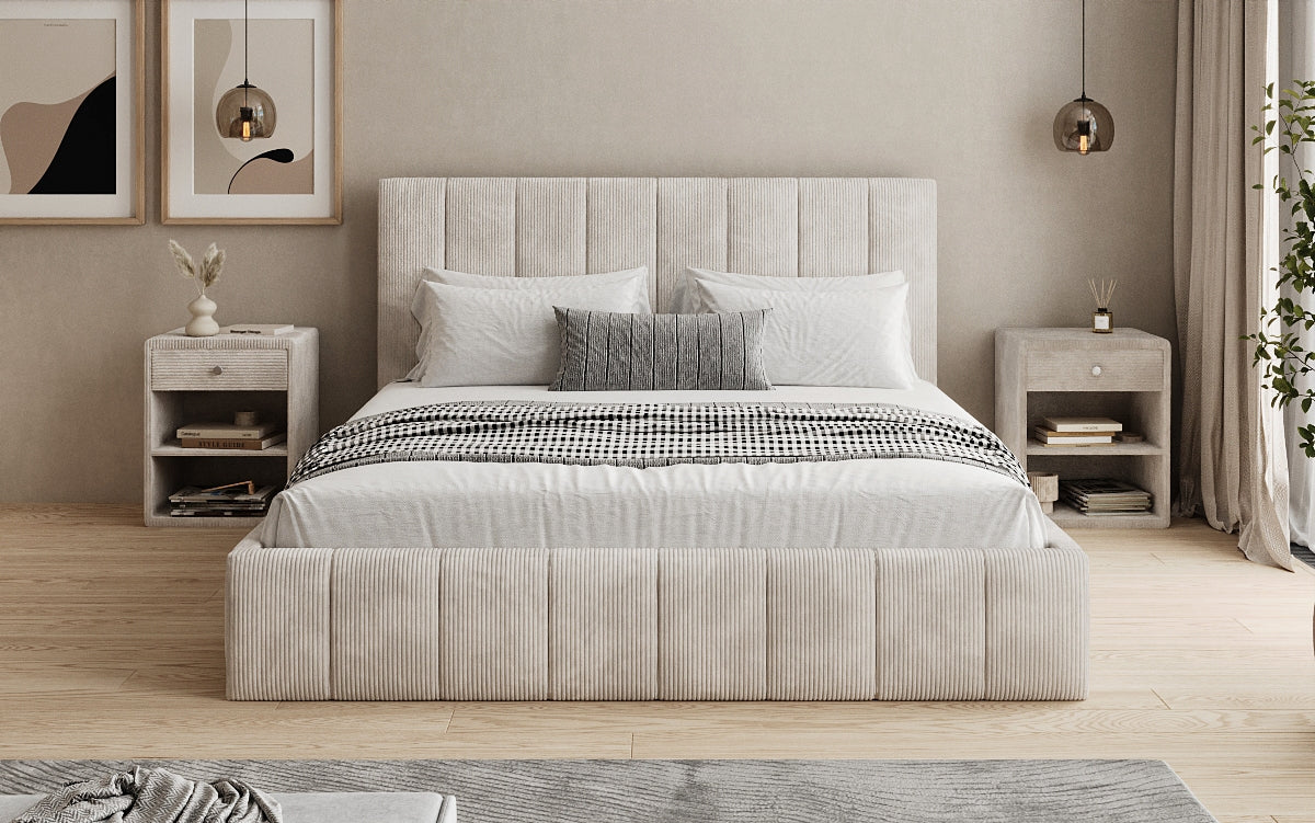 Designer Polsterbett Maja in Cord mit Stauraum