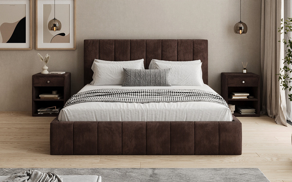 Designer Polsterbett Maja in Cord mit Stauraum