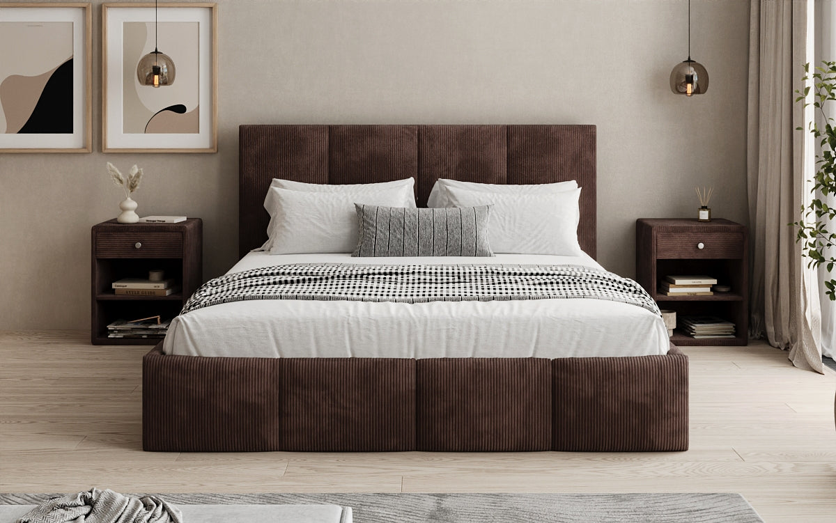 Mina Designer Polsterbett Cord – 140 × 200 cm, wählbare Kopfteilhöhe, Farben