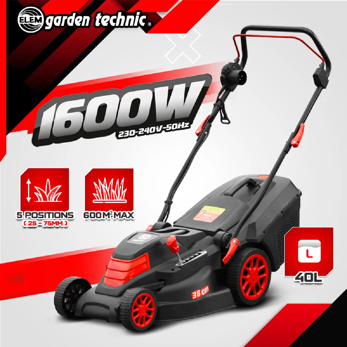 Elem LTDE1638-23 Cortacésped Eléctrico 1600 W 38 cm 40 L