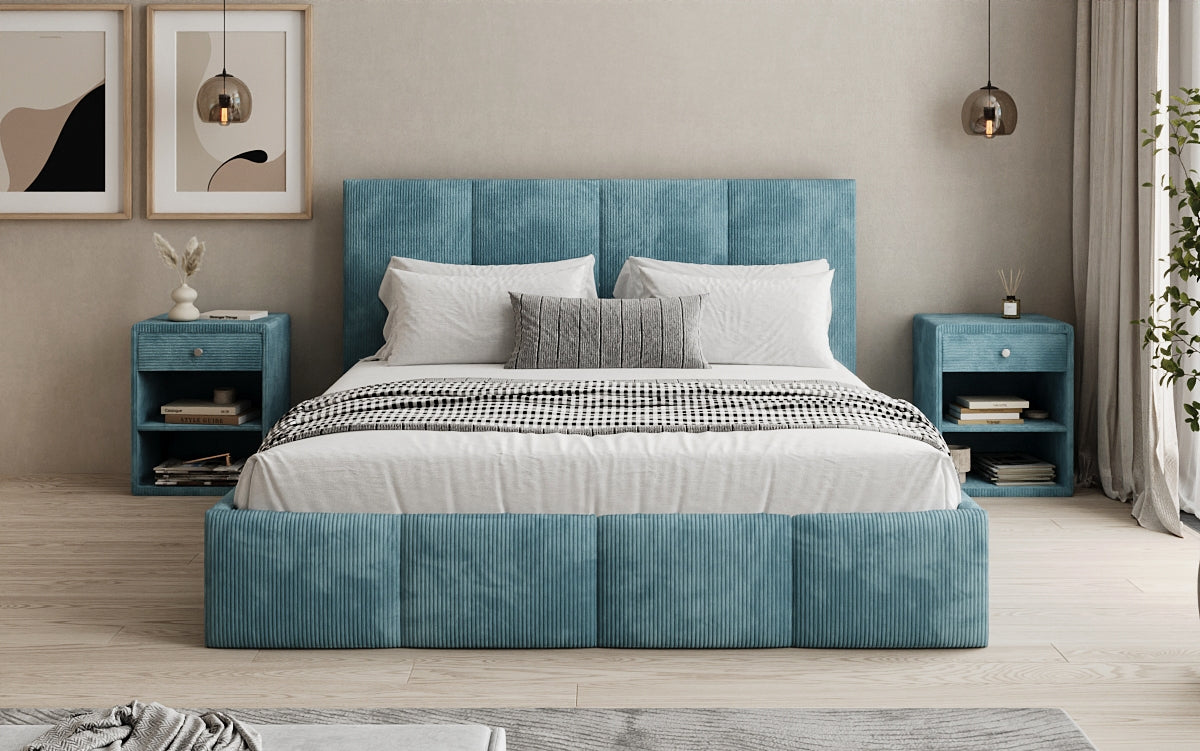 Mina Designer Polsterbett Cord – 140 × 200 cm, wählbare Kopfteilhöhe, Farben