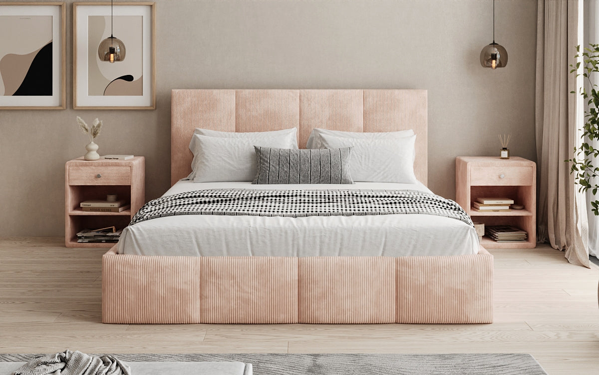Mina Designer Polsterbett Cord – 140 × 200 cm, wählbare Kopfteilhöhe, Farben