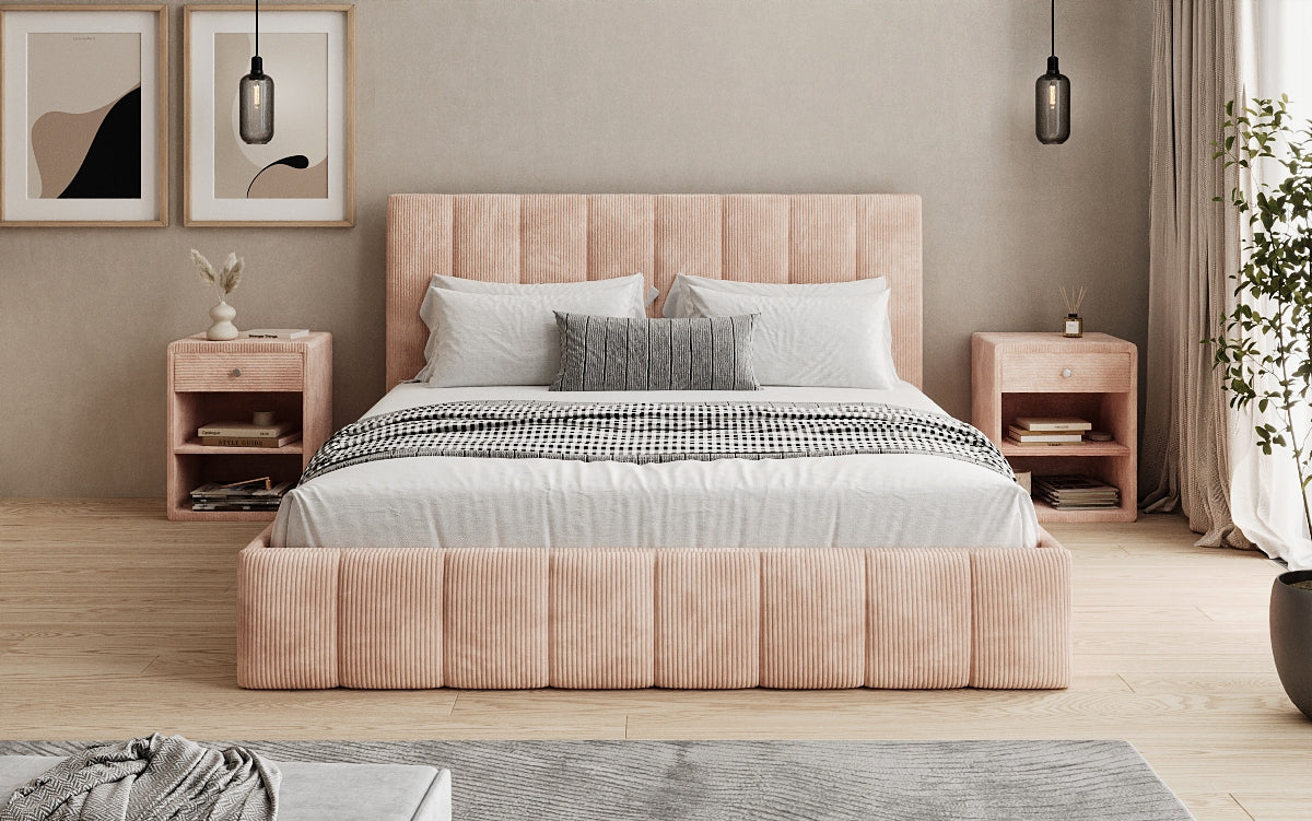 Designer Polsterbett Mila in Cord, 140×200 cm, Beige, 70 cm Kopfteil