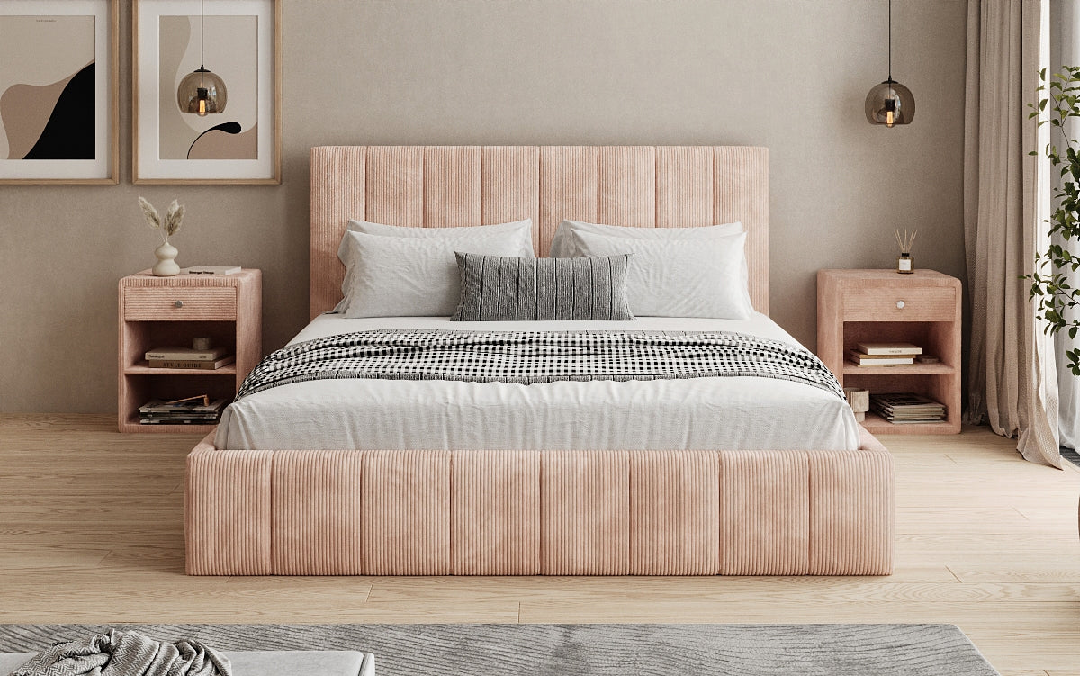 Designer Polsterbett Maja in Cord mit Stauraum